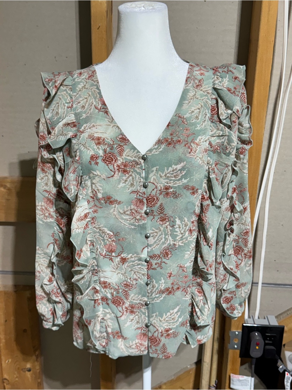 Cato Sage Green Floral Ruffle Button Blouse